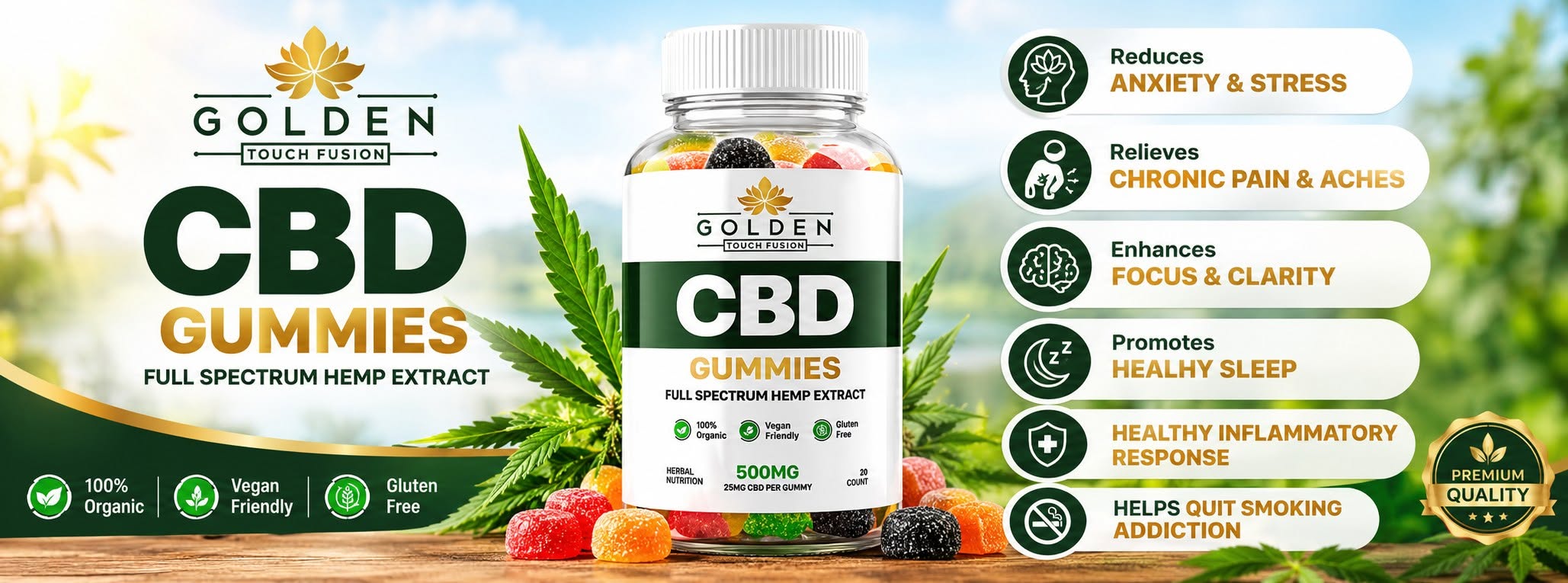 Golden Touch Fusion CBD Gummies banner listing benefits: anxiety and stress, chronic pain and aches, focus and clarity, healthy sleep, healthy inflammatory response, quit smoking support