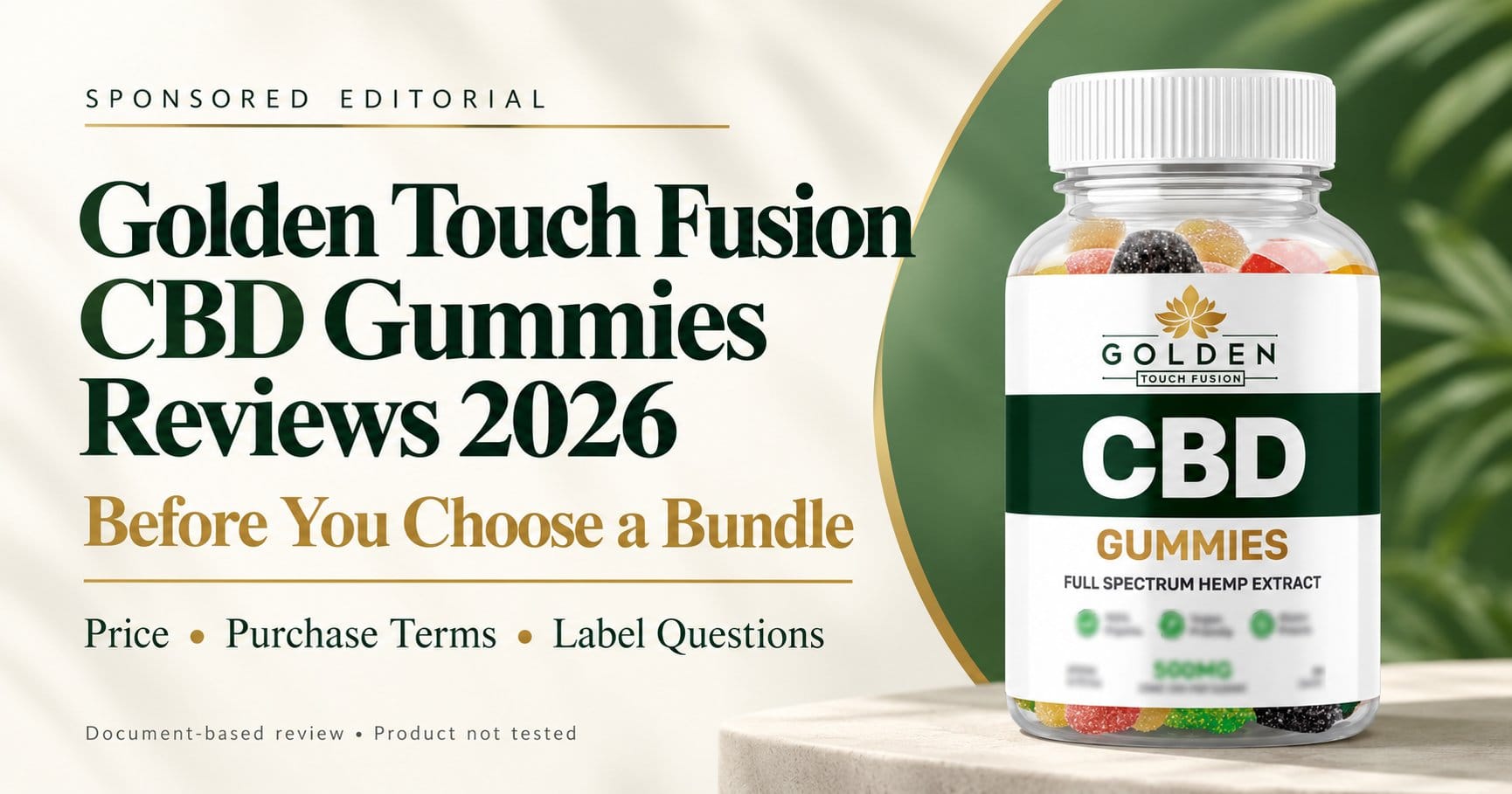 Golden Touch Fusion CBD Gummies Reviews 2026 editorial banner: price, purchase terms and label questions