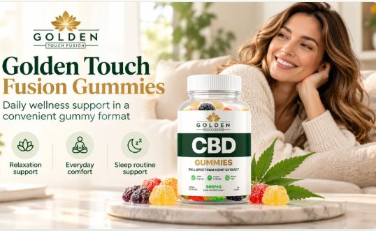 Smiling woman relaxing on a sofa next to a bottle of Golden Touch Fusion CBD Gummies