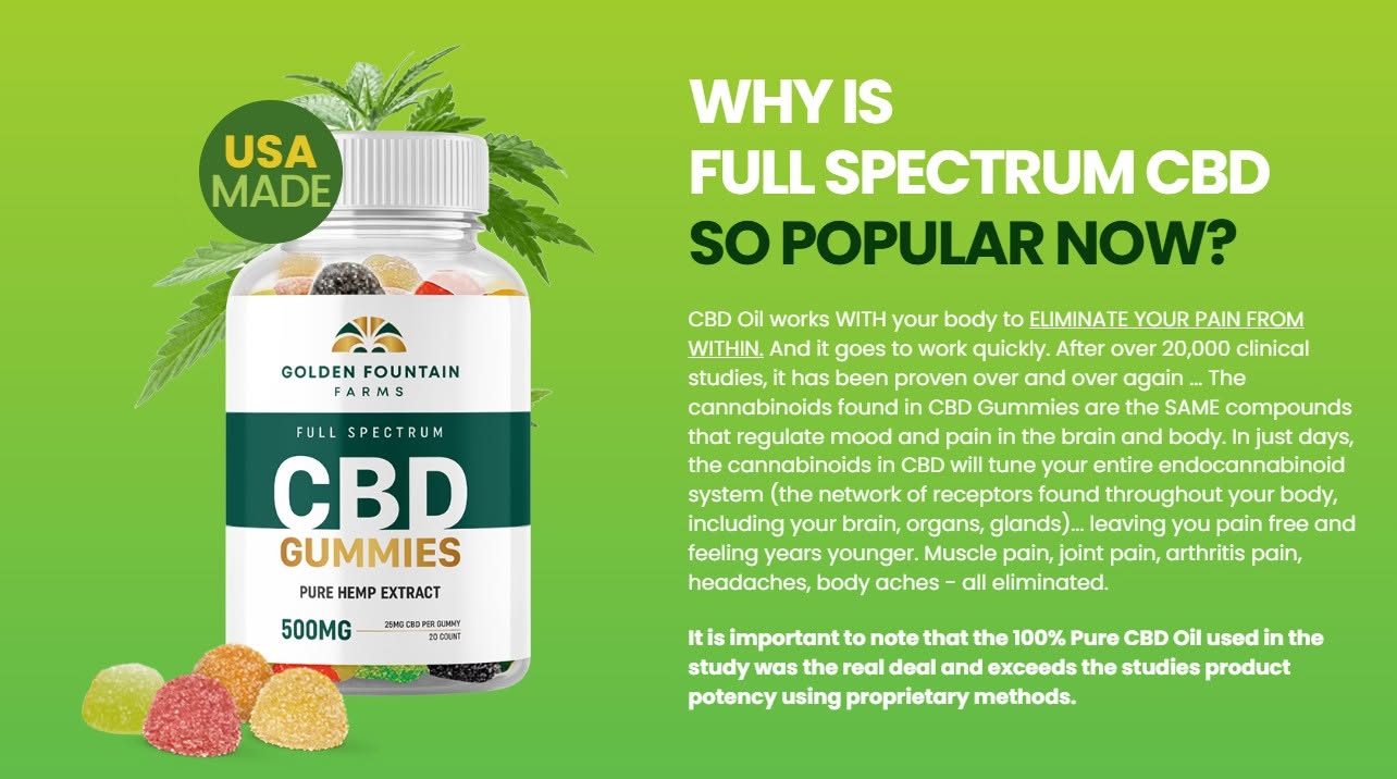 Full spectrum CBD gummies bottle with fruit gummies and hemp leaves on a green background